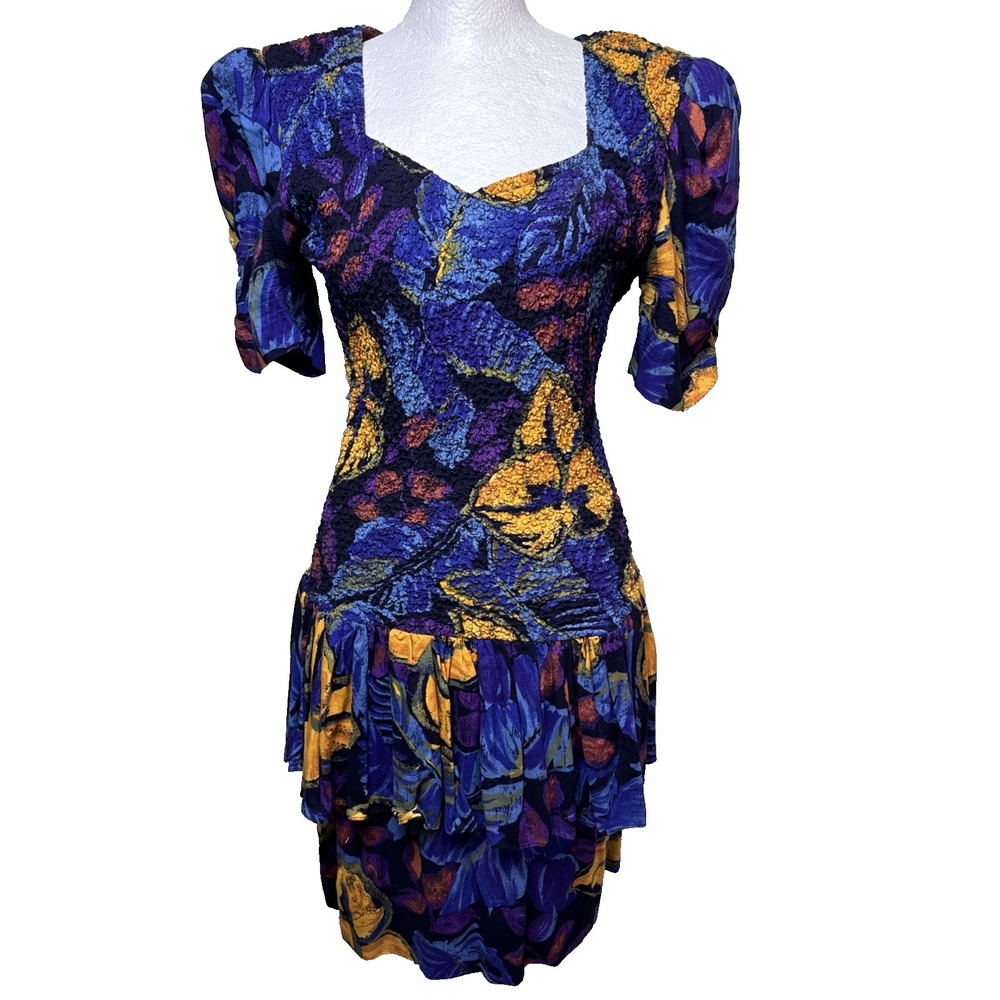 Vintage 80s Expo Petite Floral Dress Puffed Sleeve Tiered Drop Waist Rayon 10